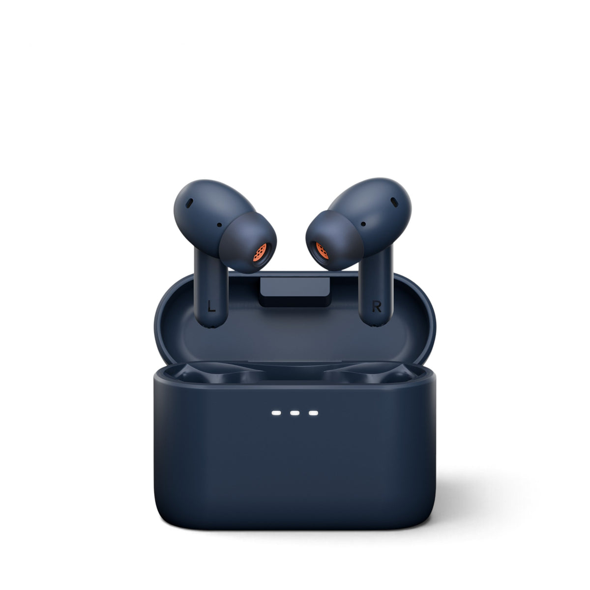 Blaue Cambridge Audio Melomania A100 SE über dem geöffneten Ladecase in Frontansicht.