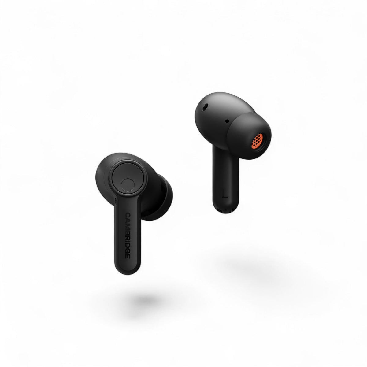 Cambridge Audio Melomania A100 SE in Schwarz, Außen- und Innenseite mit orangefarbenem Schallgitter.