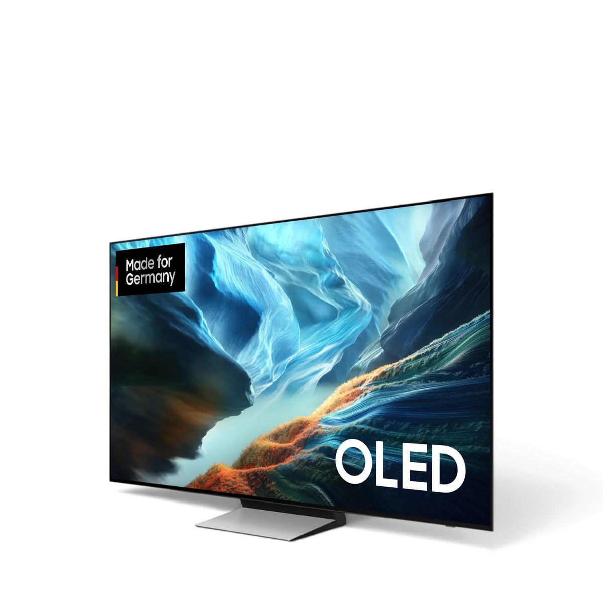 Fidelity Samsung OLED Smart Fernseher GQ S93H mit rahmenlosem Design und Made for Germany Logo auf weißem Hintergrund