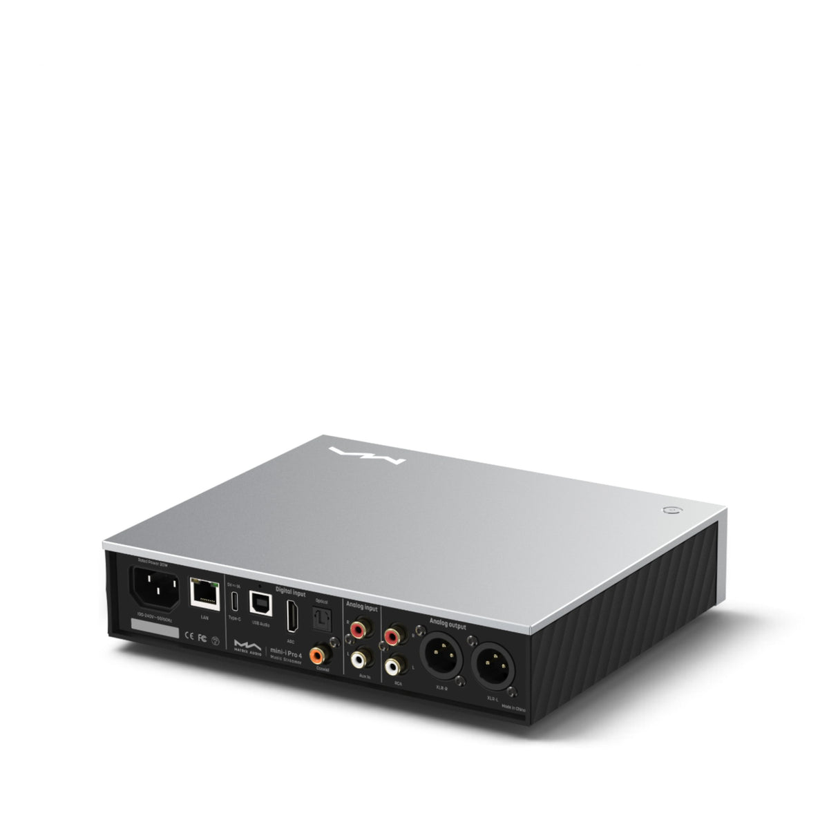 Matrix Audio mini-i Pro 4 in Grau, schräge Rückansicht mit Anschlüssen, grauer Oberseite und schwarzem Seitenteil.