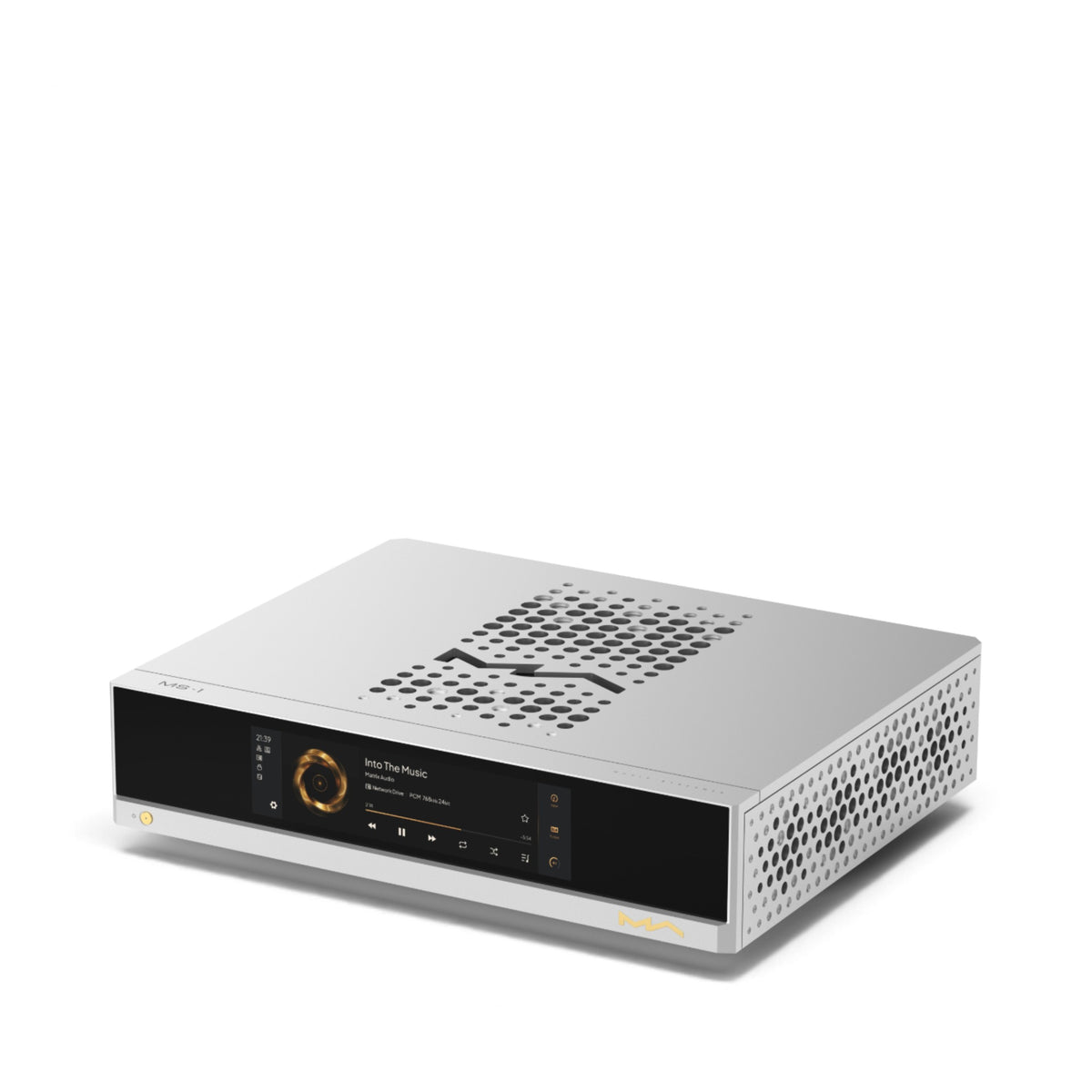 Matrix Audio MS-1 Pre in Silber, schräge Frontansicht mit Display und gelochter Gehäuseoberseite.