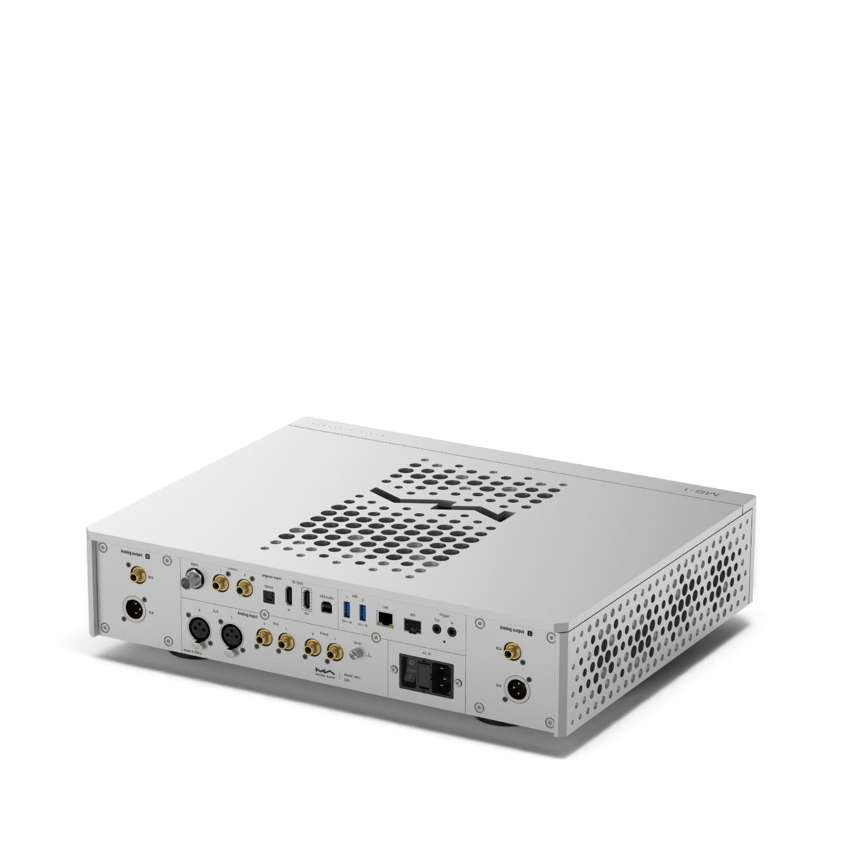 Matrix Audio MS-1 in Silber, schräge Rückansicht mit Anschlüssen und Gehäuseoberseite.