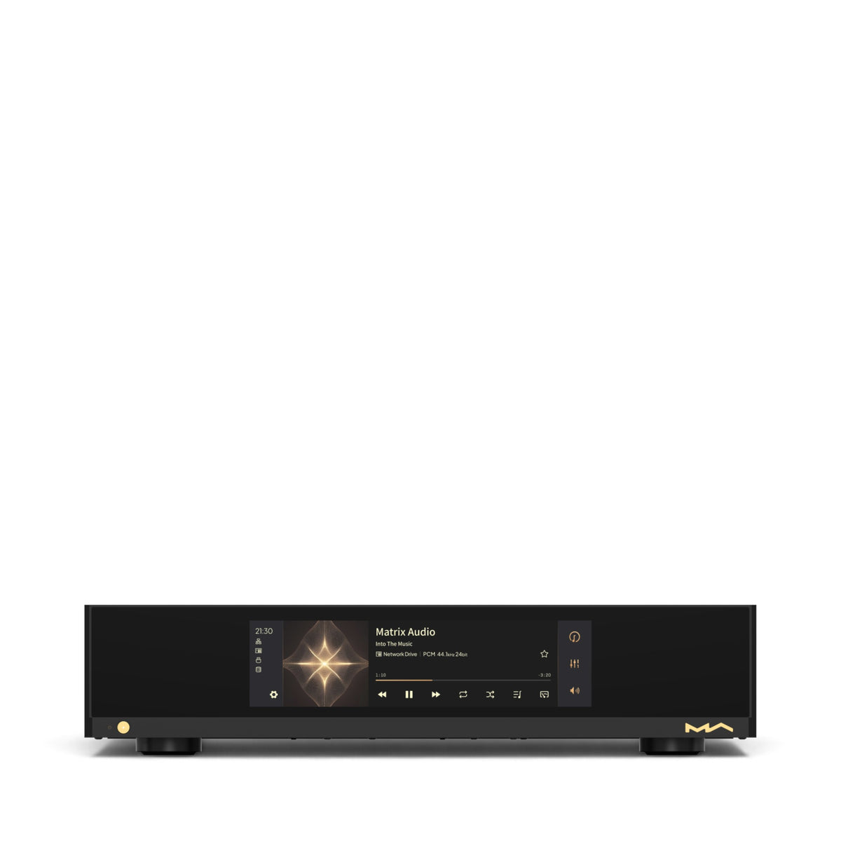Matrix Audio MS-1c in Schwarz, Frontansicht mit eingeschaltetem Display.
