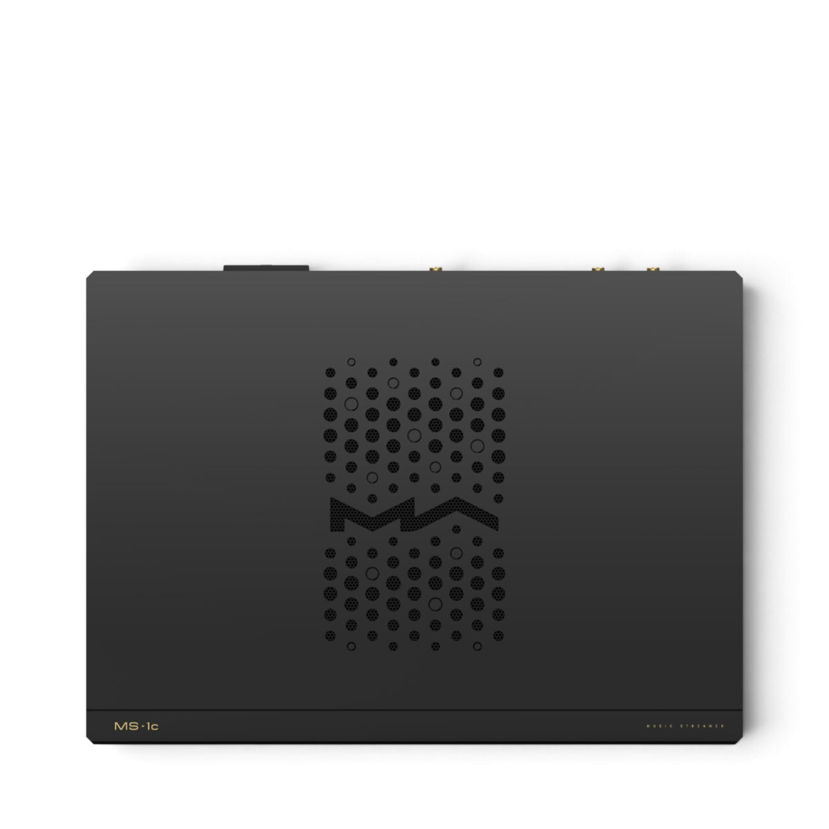 Matrix Audio MS-1c in Schwarz, Draufsicht mit Lüftungsmuster und Matrix-Audio-Logo im Gehäusedeckel.