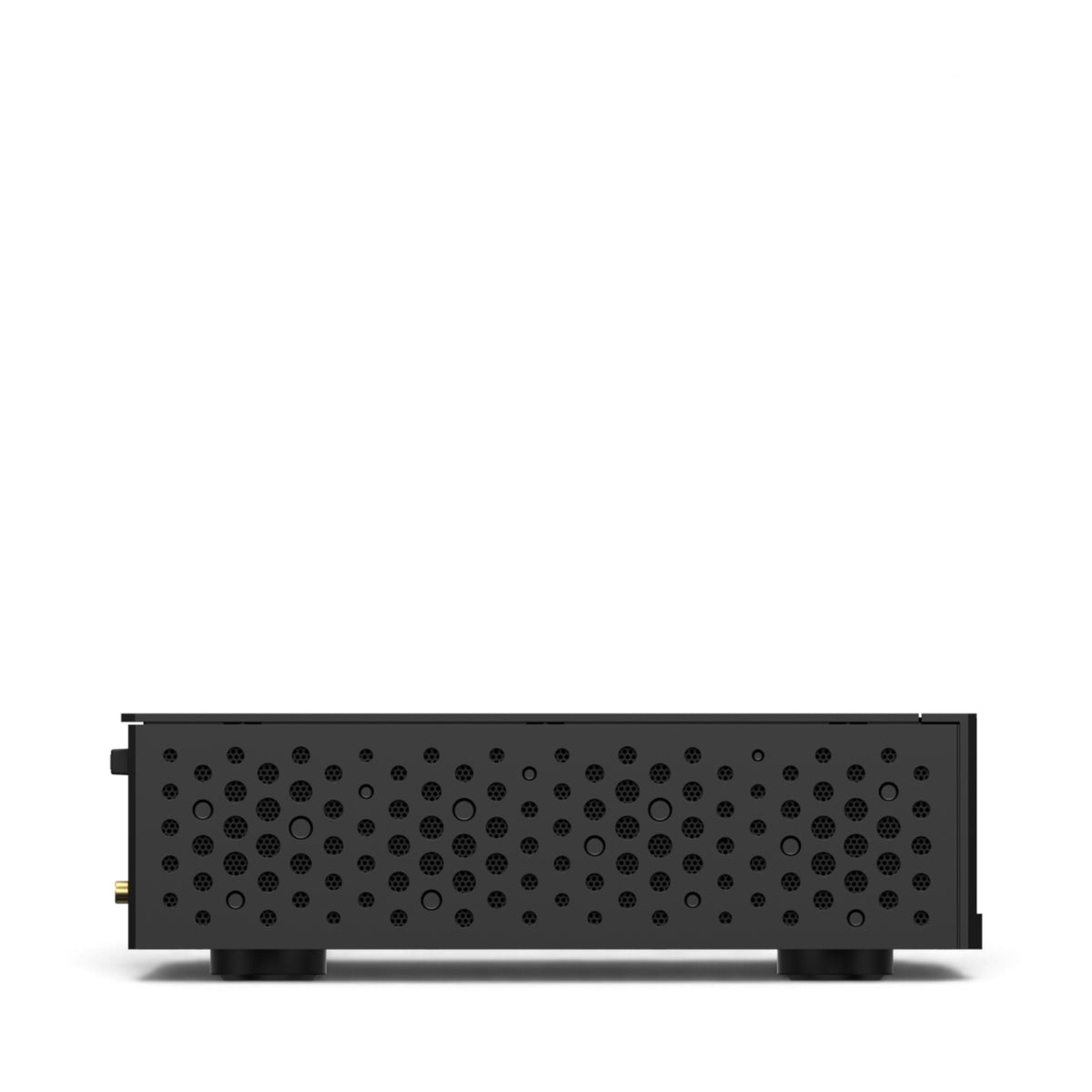Matrix Audio MS-1c in Schwarz, linke Seitenansicht mit kreisförmigen Lüftungsöffnungen.