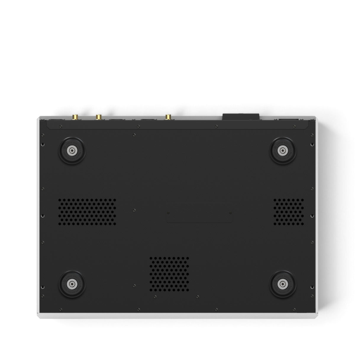 Matrix Audio MS-1c in Silber, Unterseite mit vier Gerätefüßen und Lüftungsöffnungen.