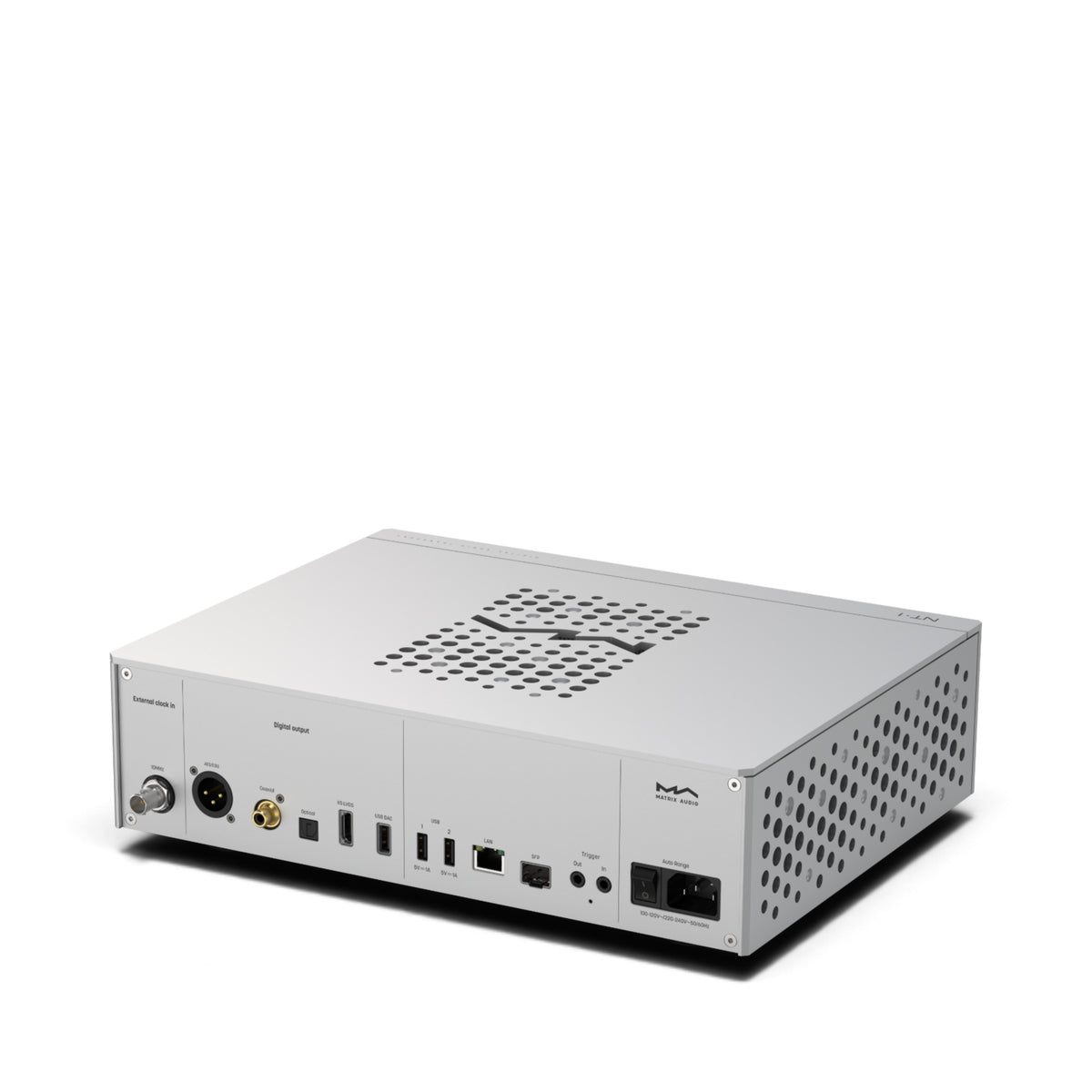 Matrix Audio NT-1 in Silber, schräge Rückansicht mit Anschlussfeld und seitlichen Lüftungsöffnungen.