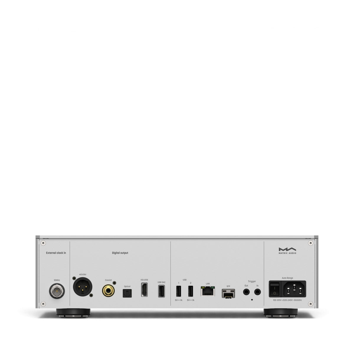 Matrix Audio NT-1 in Silber, Rückseite mit Digitalausgängen, Netzwerkanschlüssen und Takteingang.
