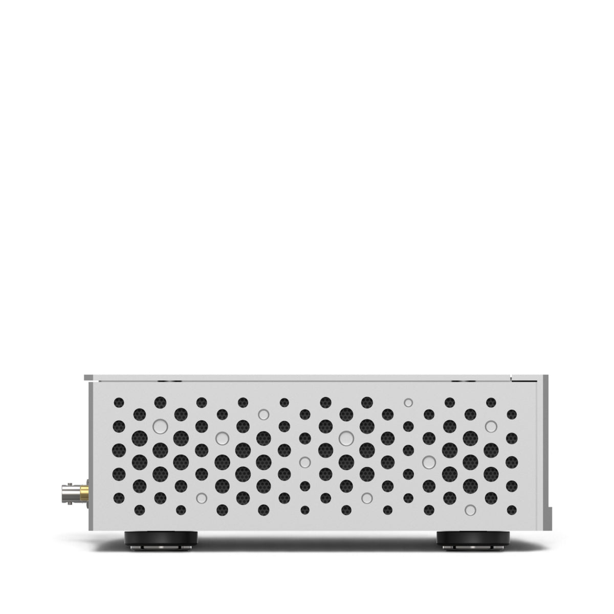 Matrix Audio NT-1 in Silber, linke Seitenansicht mit kreisförmigen Lüftungsöffnungen.