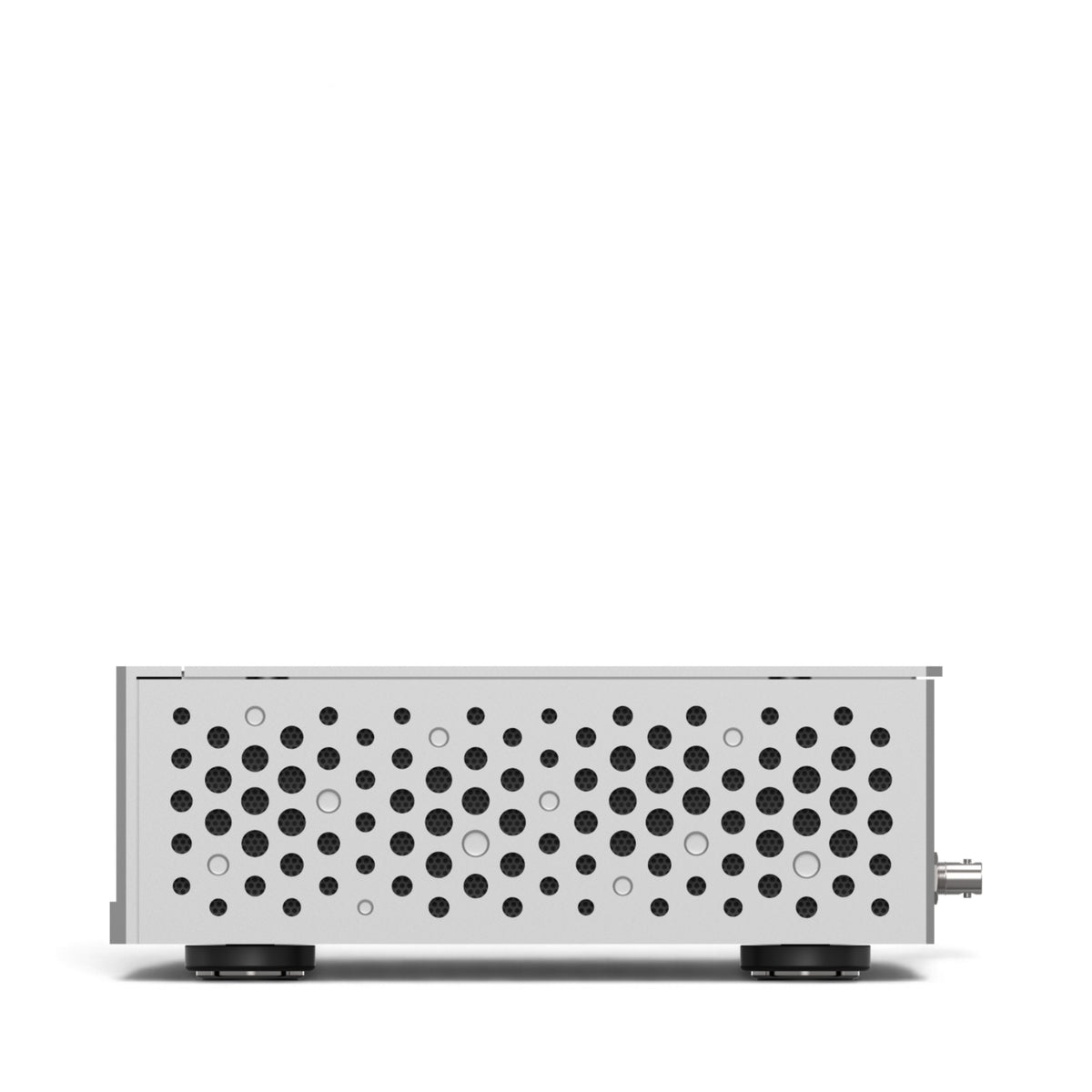 Matrix Audio NT-1 in Silber, rechte Seitenansicht mit kreisförmigen Lüftungsöffnungen.