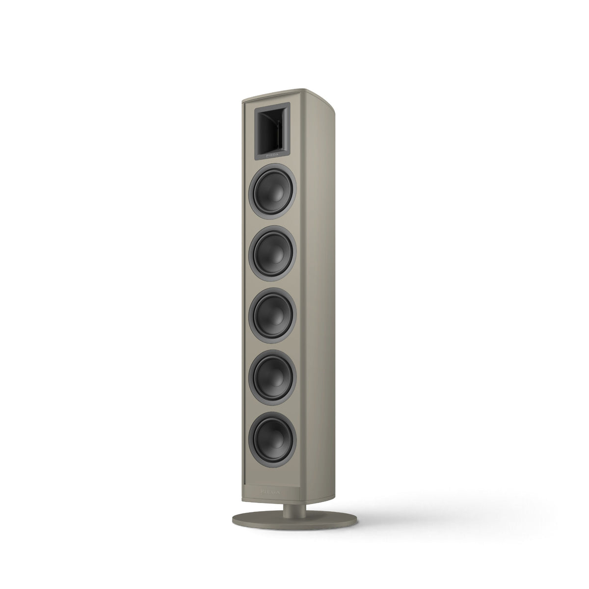Piega Premium 801 Gen2 in Shiny Ash, von schräg vorn ohne Abdeckung auf rundem Standfuß