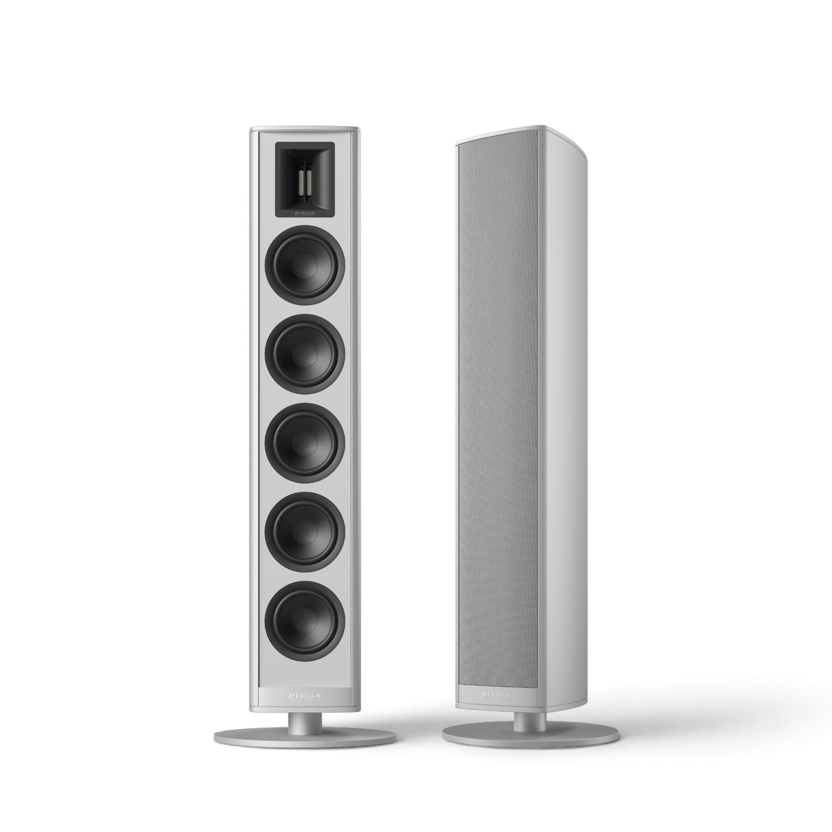 Piega Premium 801 Gen2 Standlautsprecher in Silber, mit und ohne Abdeckung auf runden Standfüßen