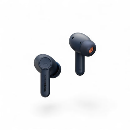 Cambridge Audio Melomania A100 SE in Blau, Außen- und Innenseite mit orangefarbenem Schallgitter.