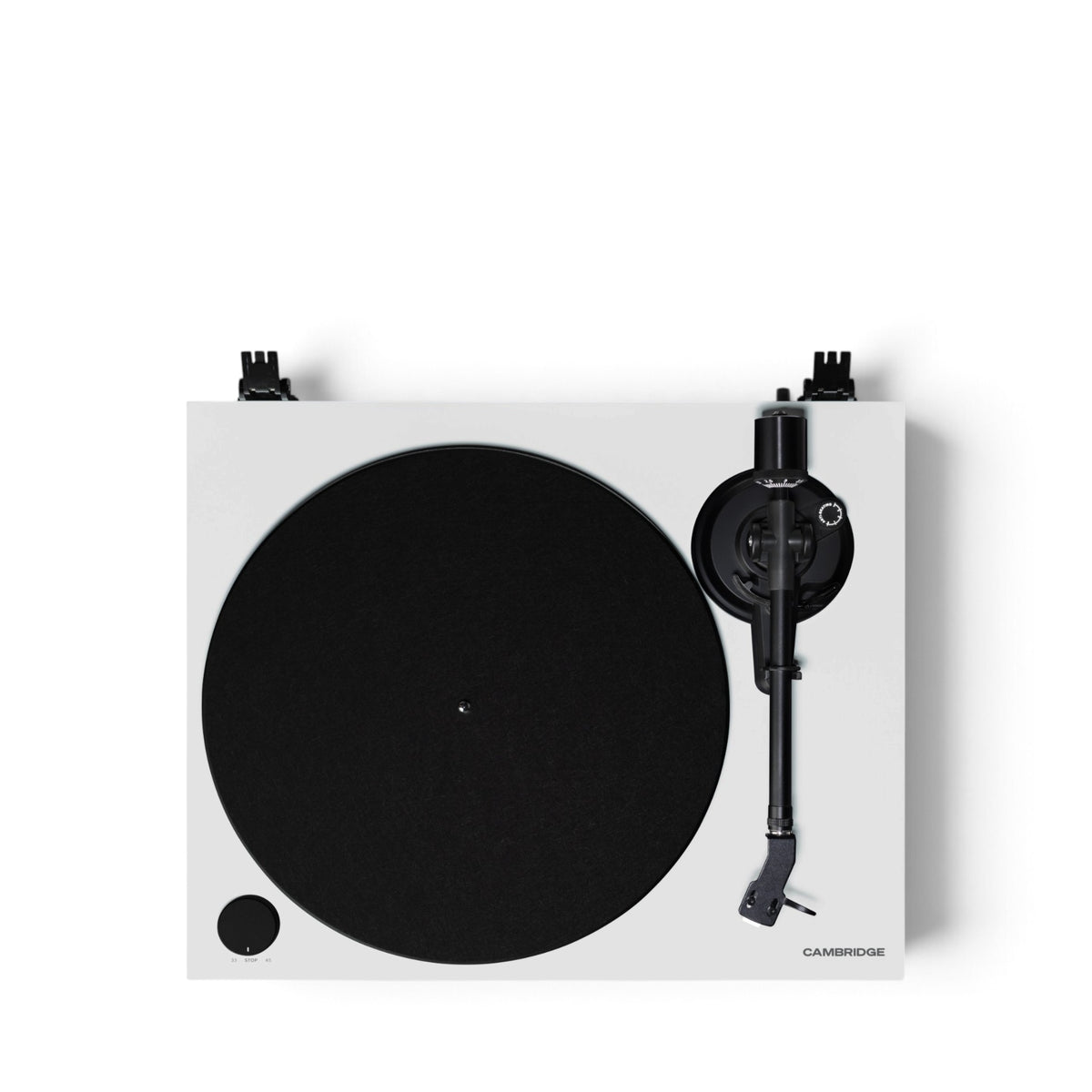 Cambridge Audio Spira in Weiß von oben mit Plattenteller und Tonarm.