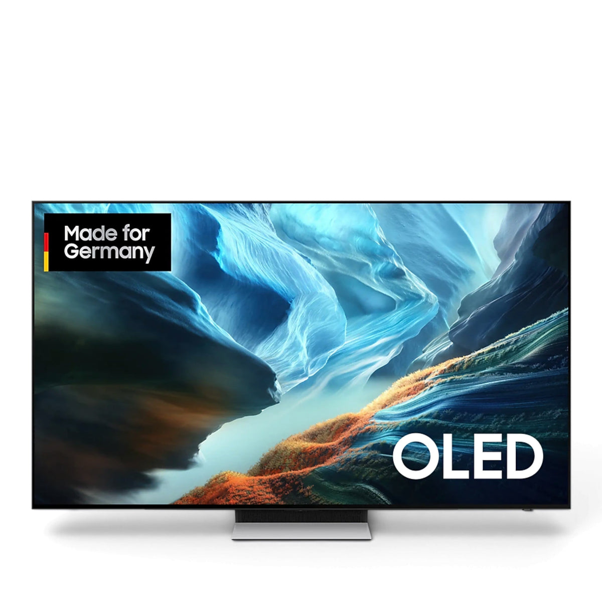 Fidelity Samsung OLED Smart Fernseher mit rahmenlosem Design und Made for Germany Logo auf hellem Hintergrund