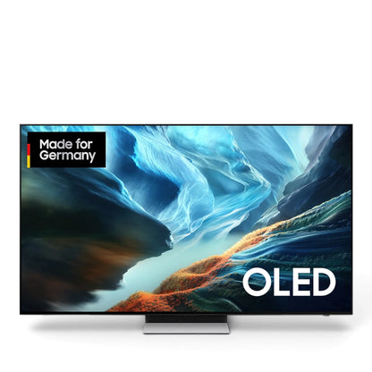 Fidelity Samsung OLED Smart Fernseher mit rahmenlosem Design und Made for Germany Logo auf hellem Hintergrund