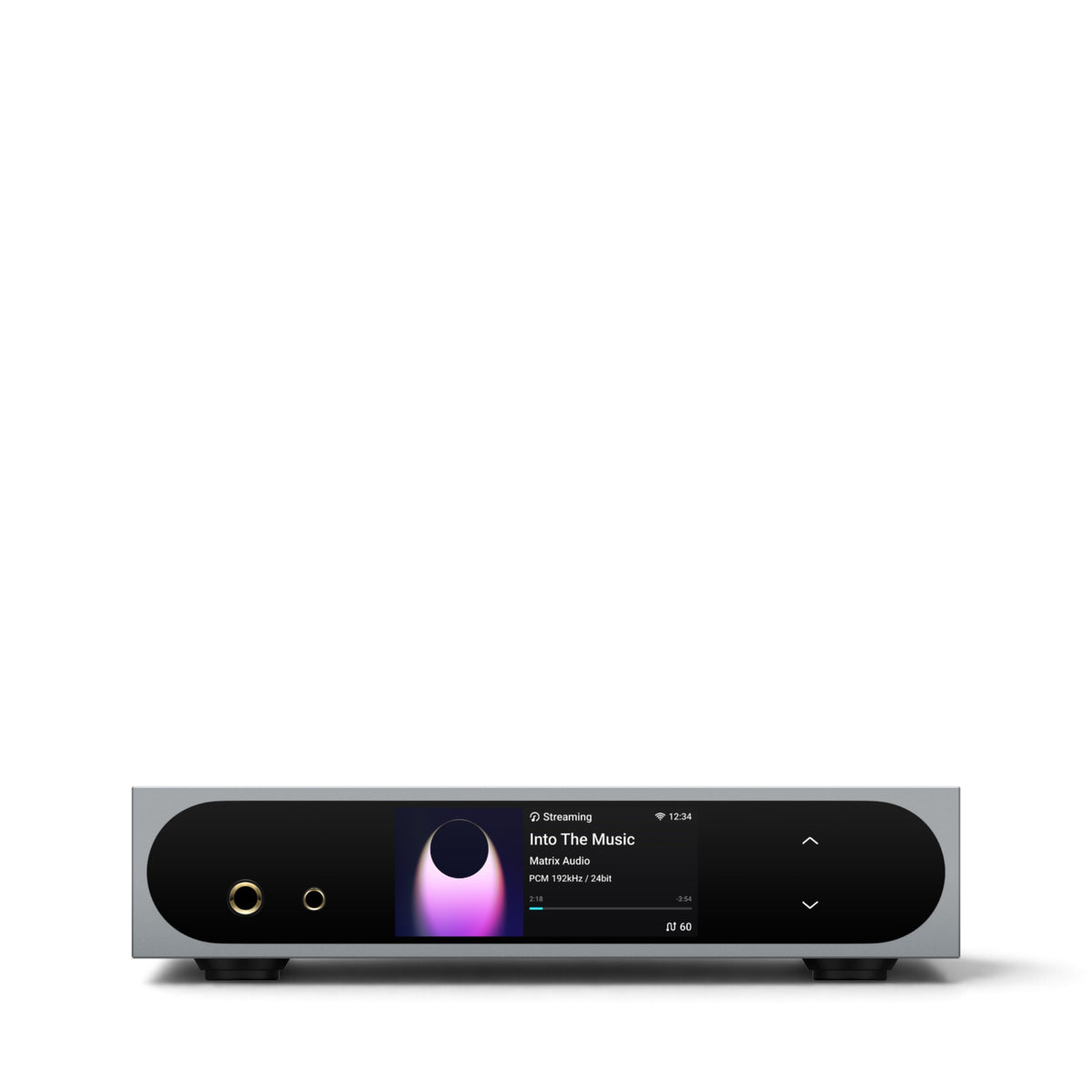 Matrix Audio mini-i Pro 4 in Grau, Frontansicht mit Display und Kopfhöreranschlüssen.