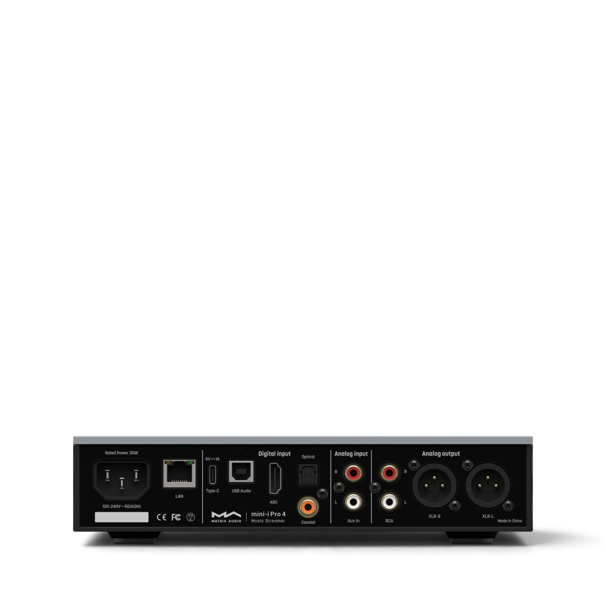 Rückseite des Matrix Audio mini-i Pro 4 in Grau mit Netzwerk-, Digital- und Audioanschlüssen.