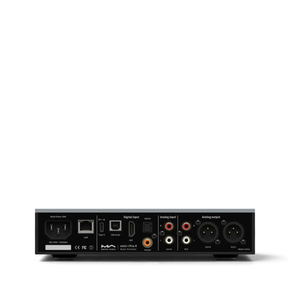 Rückseite des Matrix Audio mini-i Pro 4 in Grau mit Netzwerk-, Digital- und Audioanschlüssen.