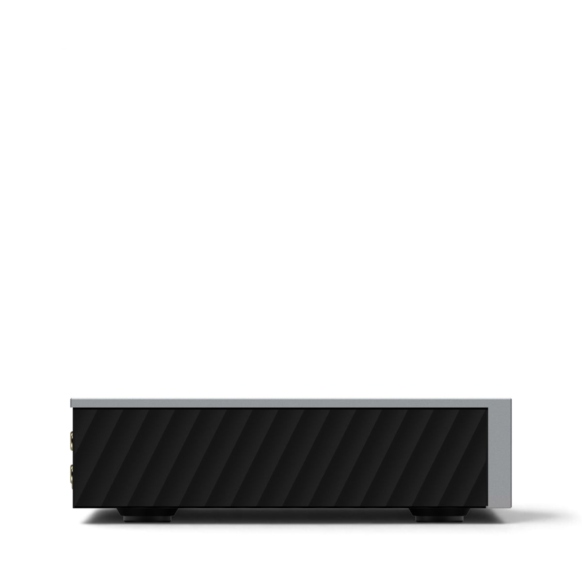 Linke Seitenansicht des Matrix Audio mini-i Pro 4 in Grau mit schwarzem, diagonal strukturiertem Seitenteil.