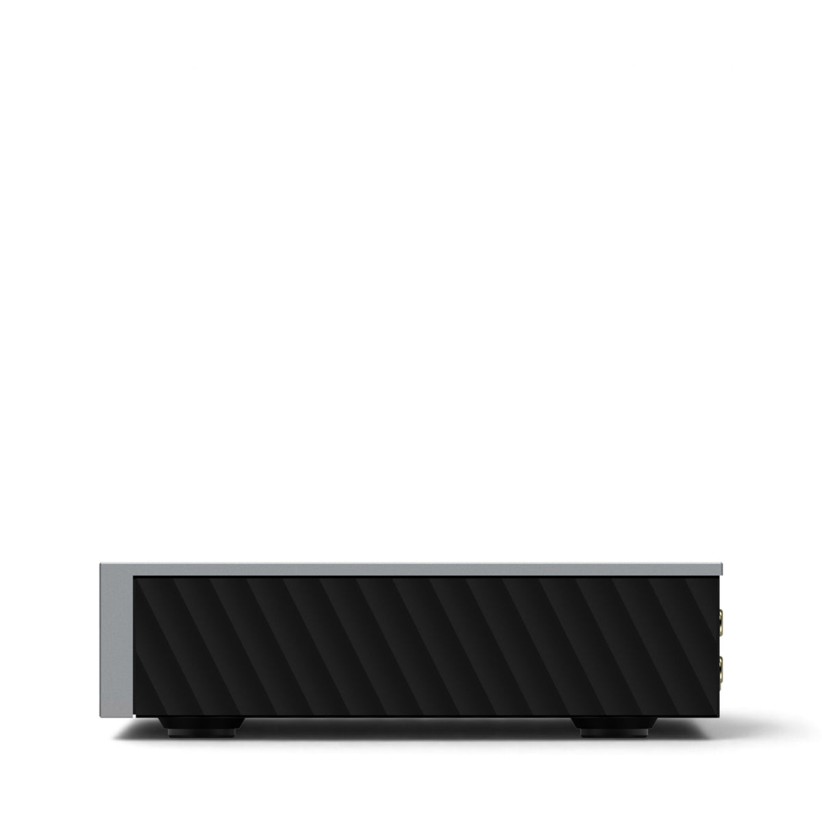 Rechte Seitenansicht des Matrix Audio mini-i Pro 4 in Grau mit schwarzem, diagonal strukturiertem Seitenteil.