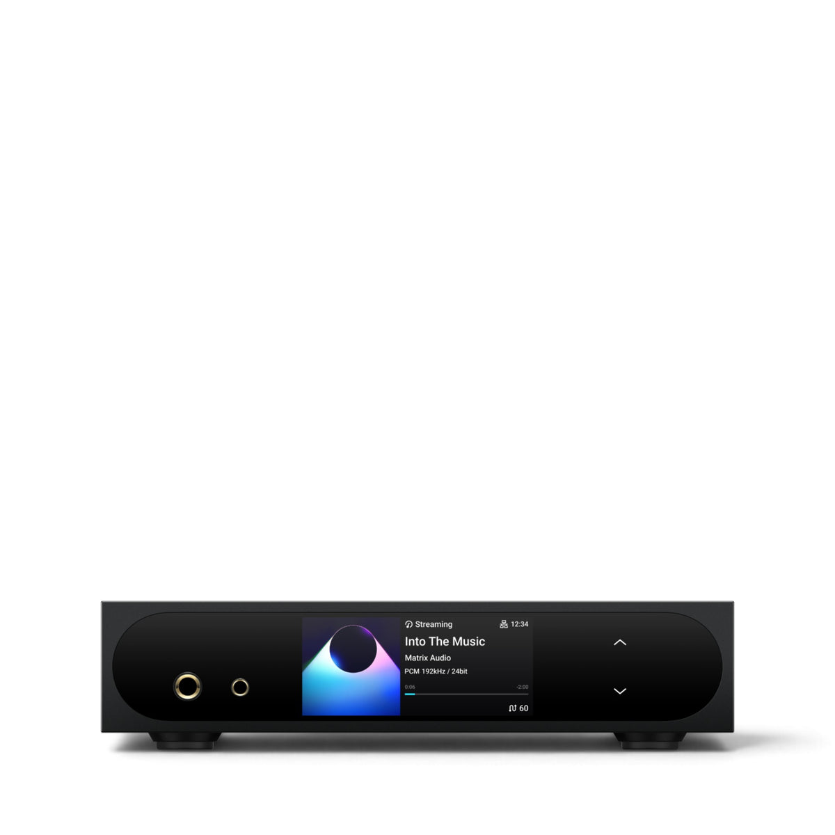 Matrix Audio mini-i Pro 4 in Schwarz, Frontansicht mit Display und Kopfhöreranschlüssen.