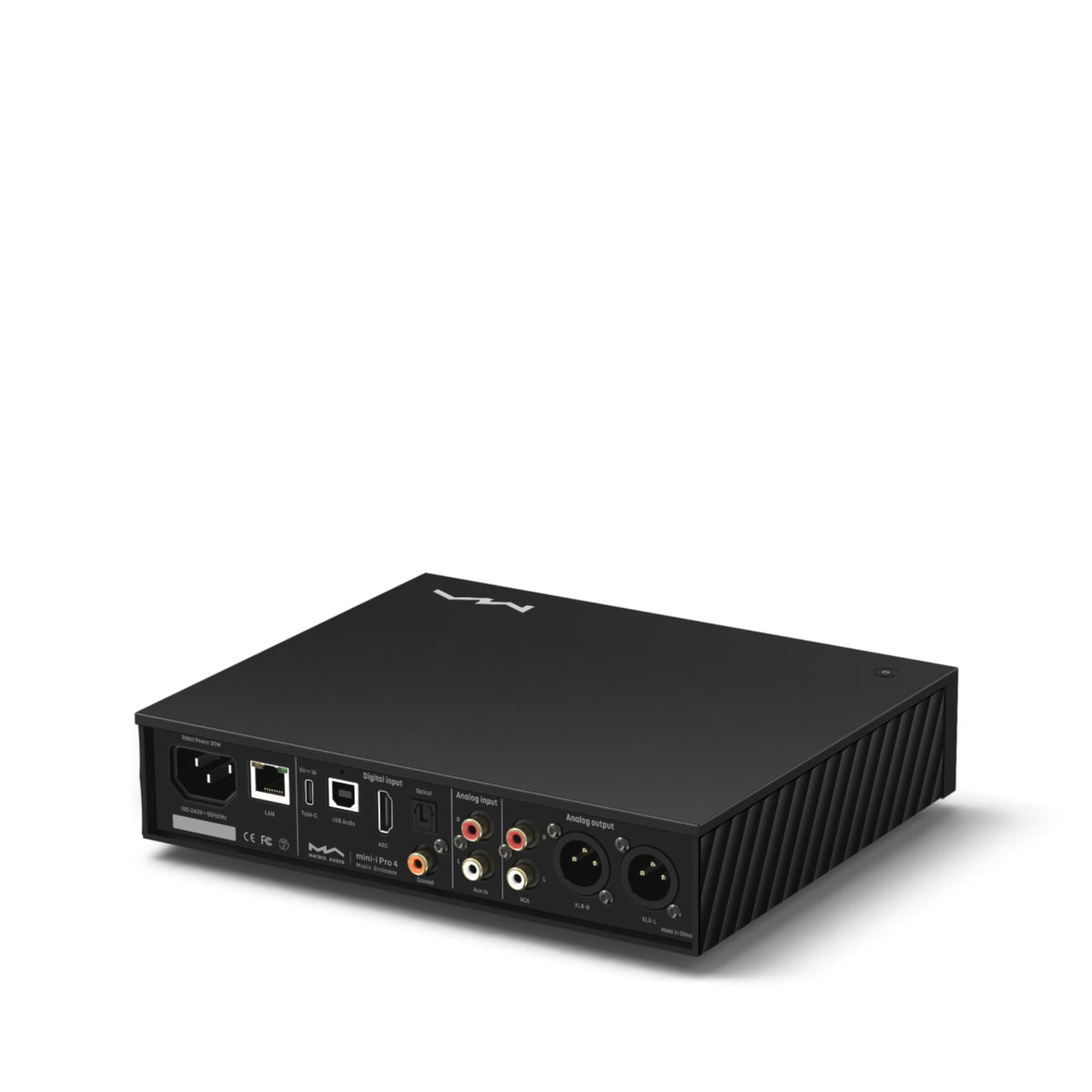 Matrix Audio mini-i Pro 4 in Schwarz, schräge Rückansicht mit Anschlüssen, Oberseite und Seitenteil.