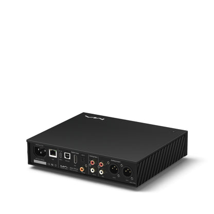 Matrix Audio mini-i Pro 4 in Schwarz, schräge Rückansicht mit Anschlüssen, Oberseite und Seitenteil.