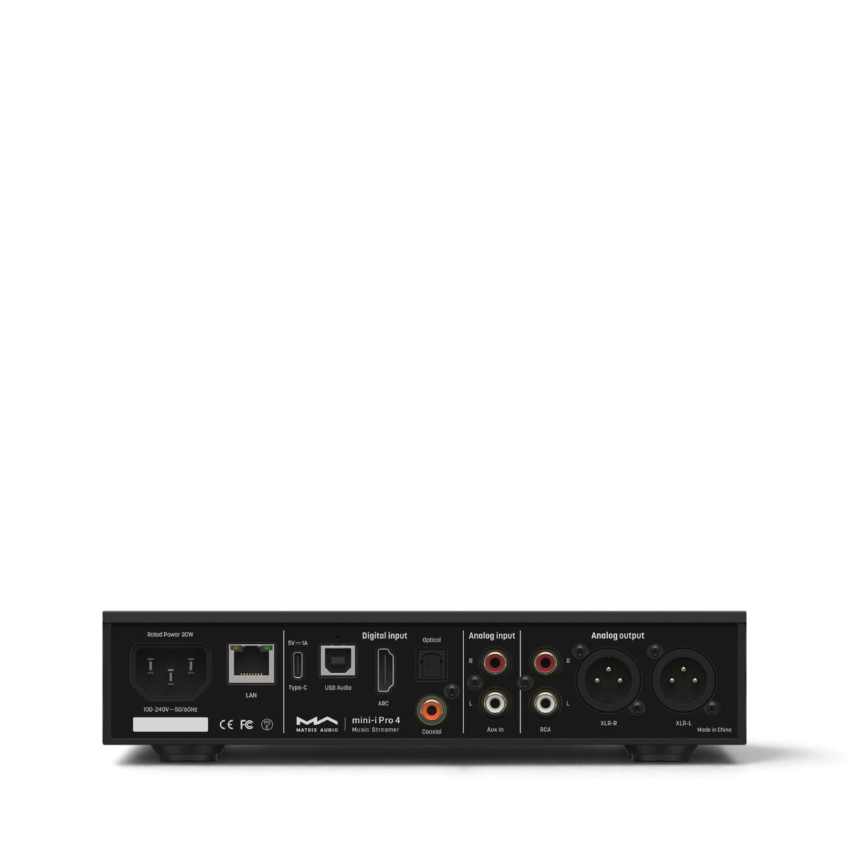 Rückseite des Matrix Audio mini-i Pro 4 in Schwarz mit Netzwerk-, Digital- und Audioanschlüssen.