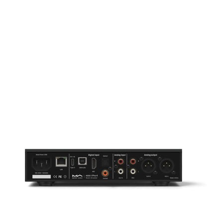 Rückseite des Matrix Audio mini-i Pro 4 in Schwarz mit Netzwerk-, Digital- und Audioanschlüssen.