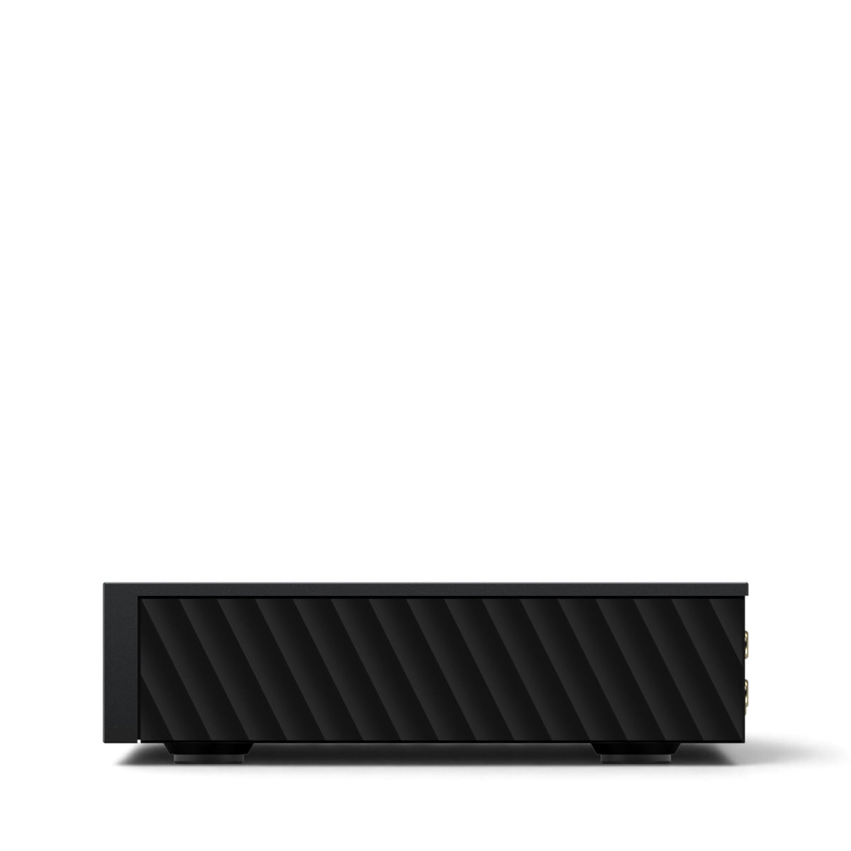 Rechte Seitenansicht des Matrix Audio mini-i Pro 4 in Schwarz mit diagonal strukturiertem Seitenteil.