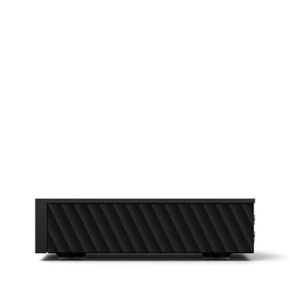 Rechte Seitenansicht des Matrix Audio mini-i Pro 4 in Schwarz mit diagonal strukturiertem Seitenteil.