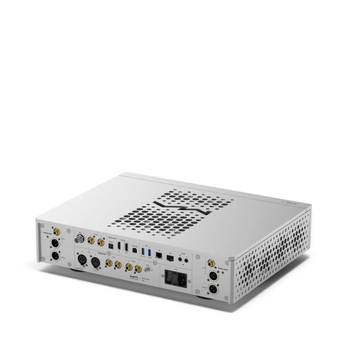 Matrix Audio MS-1 Pre in Silber, schräge Rückansicht mit Anschlussfeld und Gehäuseoberseite.