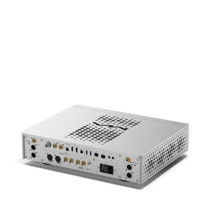 Matrix Audio MS-1 Pre in Silber, schräge Rückansicht mit Anschlussfeld und Gehäuseoberseite.