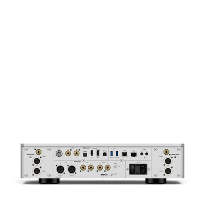 Rückseite des Matrix Audio MS-1 Pre in Silber mit digitalen und analogen Anschlüssen.