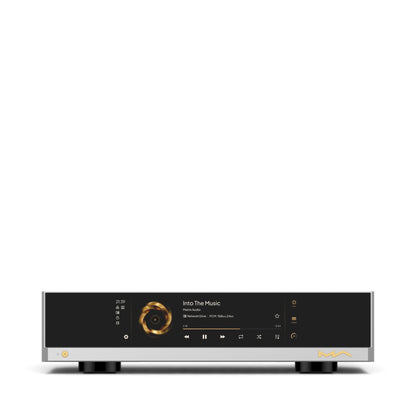 Matrix Audio MS-1 in Silber, Frontansicht mit eingeschaltetem Display.