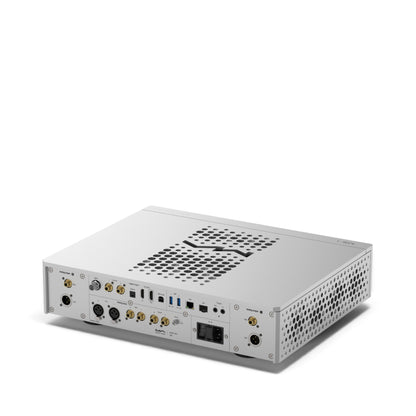 Matrix Audio MS-1 in Silber, schräge Rückansicht mit Anschlüssen und Gehäuseoberseite.