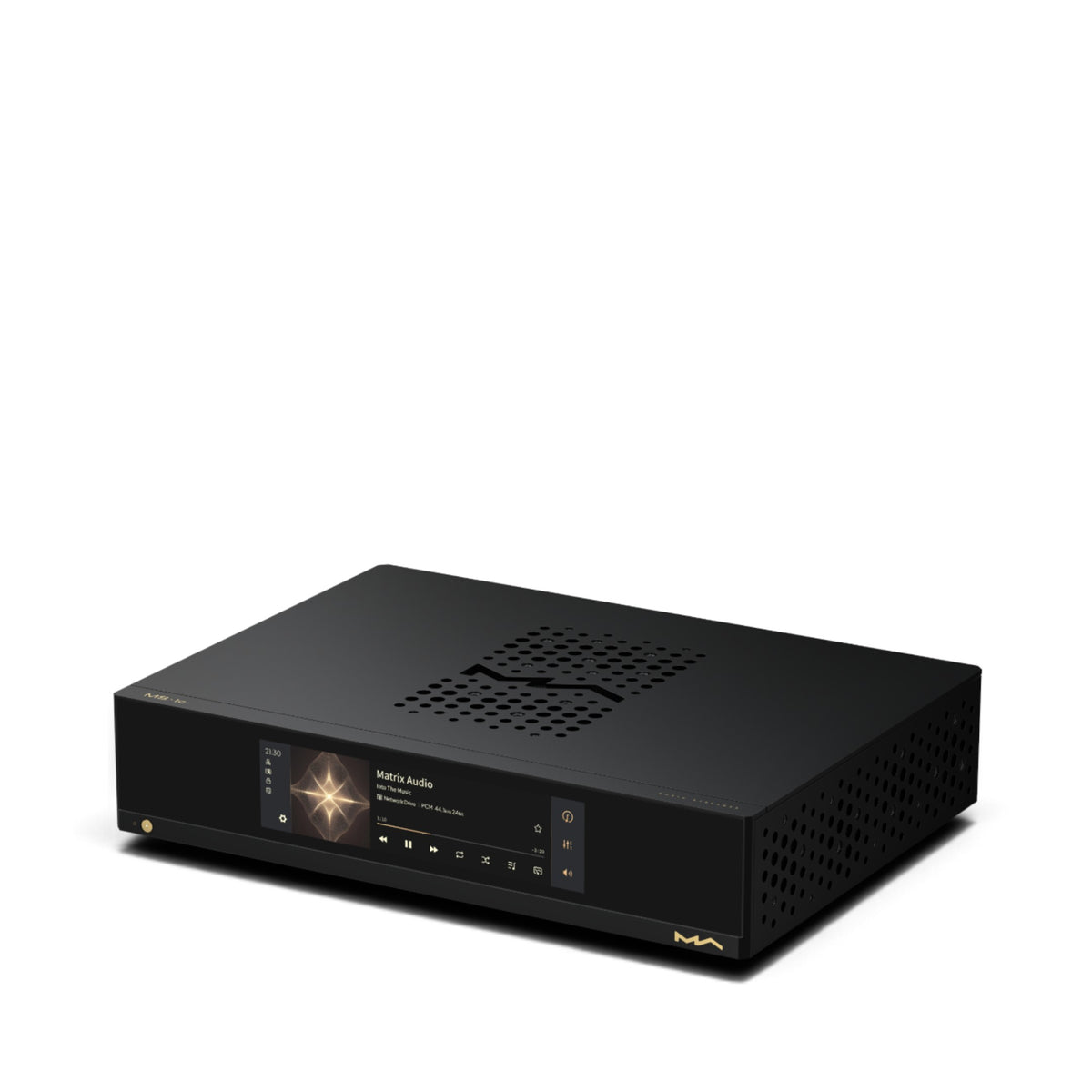 Matrix Audio MS-1c in Schwarz, schräge Frontansicht mit Display und gelochtem Gehäusedeckel.