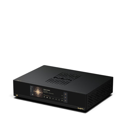 Matrix Audio MS-1c in Schwarz, schräge Frontansicht mit Display und gelochtem Gehäusedeckel.
