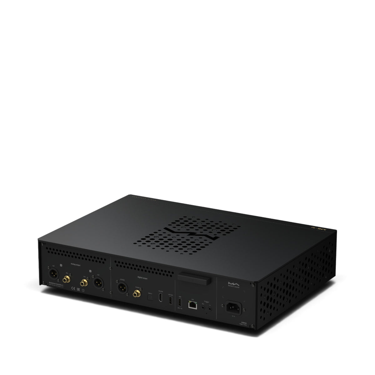 Matrix Audio MS-1c in Schwarz, schräge Rückansicht mit Anschlussfeld und seitlichen Lüftungsöffnungen.