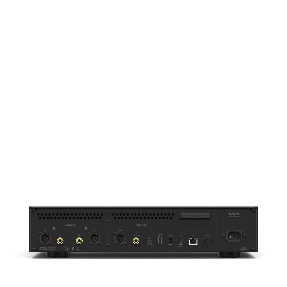 Matrix Audio MS-1c in Schwarz, Rückseite mit analogen und digitalen Ausgängen sowie Netzwerkanschluss.