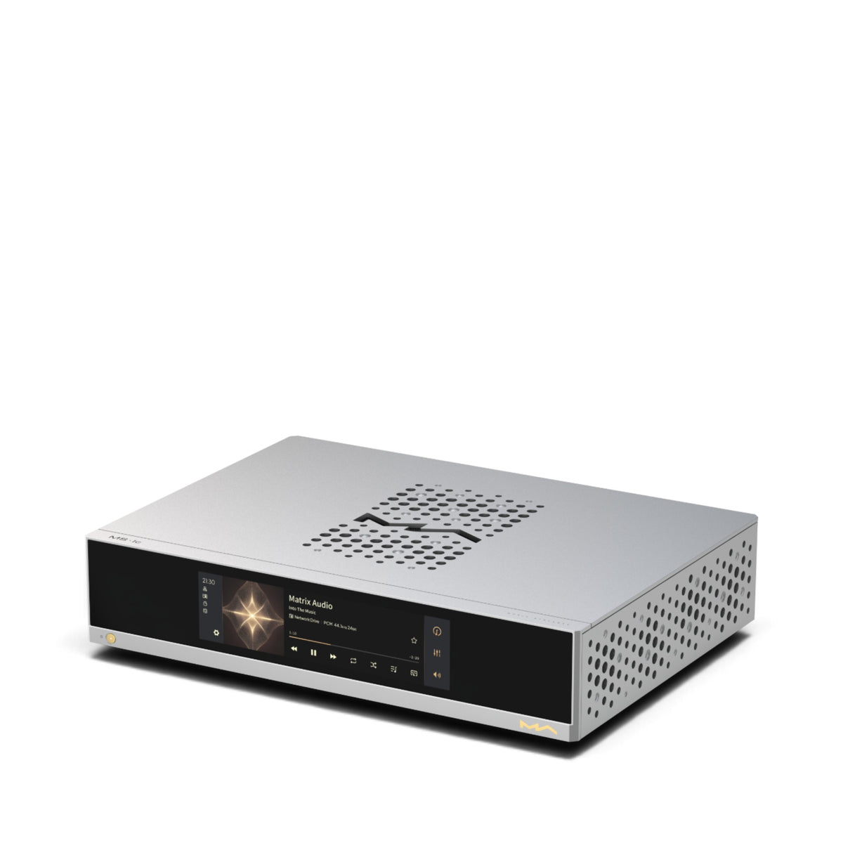 Matrix Audio MS-1c in Silber, schräge Frontansicht mit Display und gelochtem Gehäusedeckel.