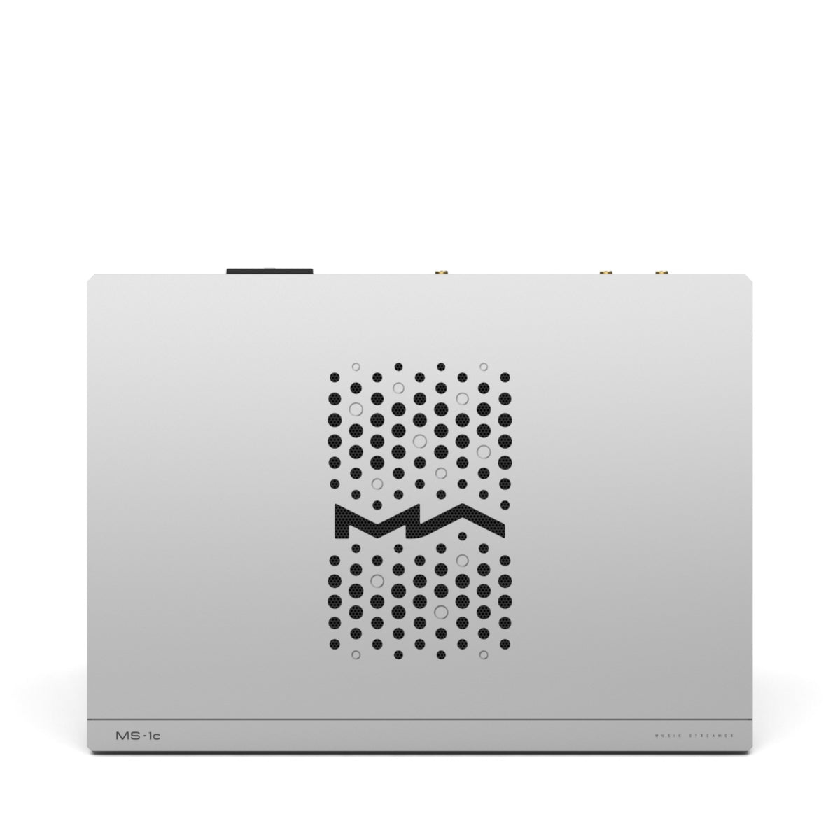 Matrix Audio MS-1c in Silber, Draufsicht mit Lüftungsmuster und Matrix-Audio-Logo im Gehäusedeckel.