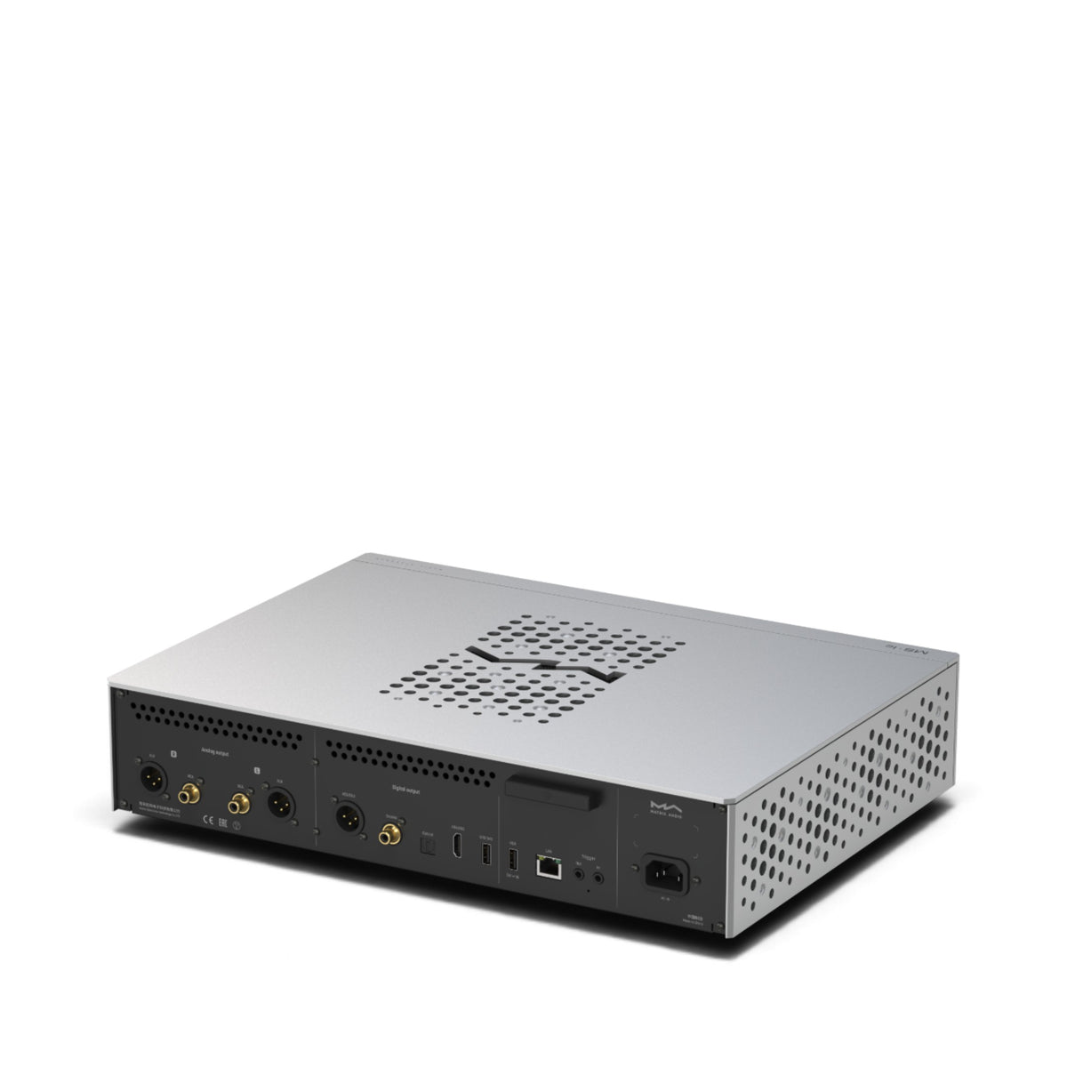 Matrix Audio MS-1c in Silber, schräge Rückansicht mit Anschlussfeld und seitlichen Lüftungsöffnungen.