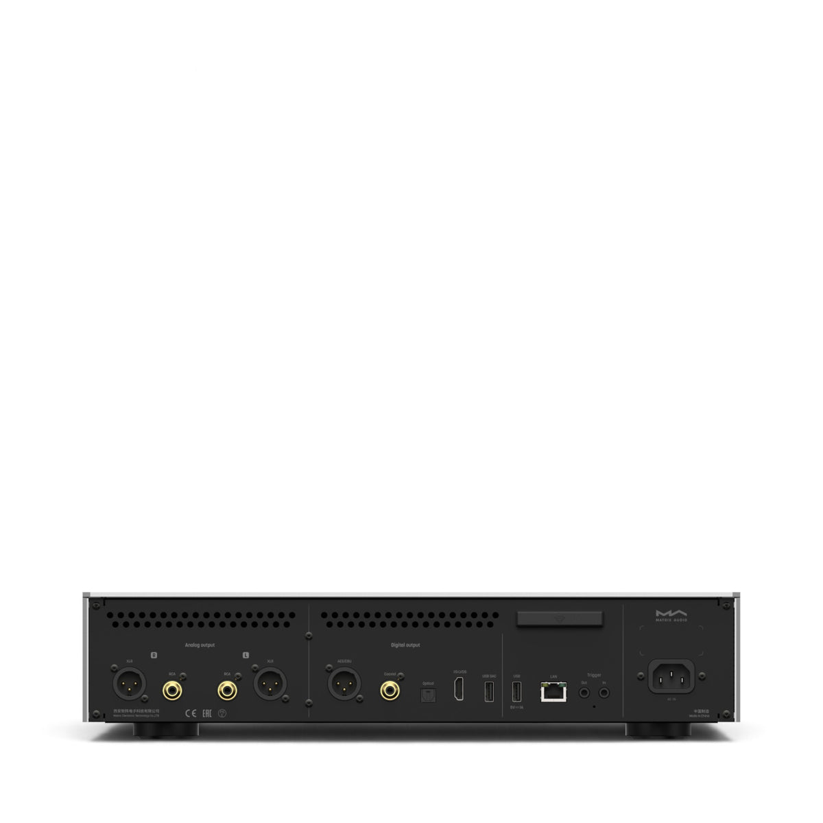 Matrix Audio MS-1c in Silber, Rückseite mit analogen und digitalen Ausgängen sowie Netzwerkanschluss.