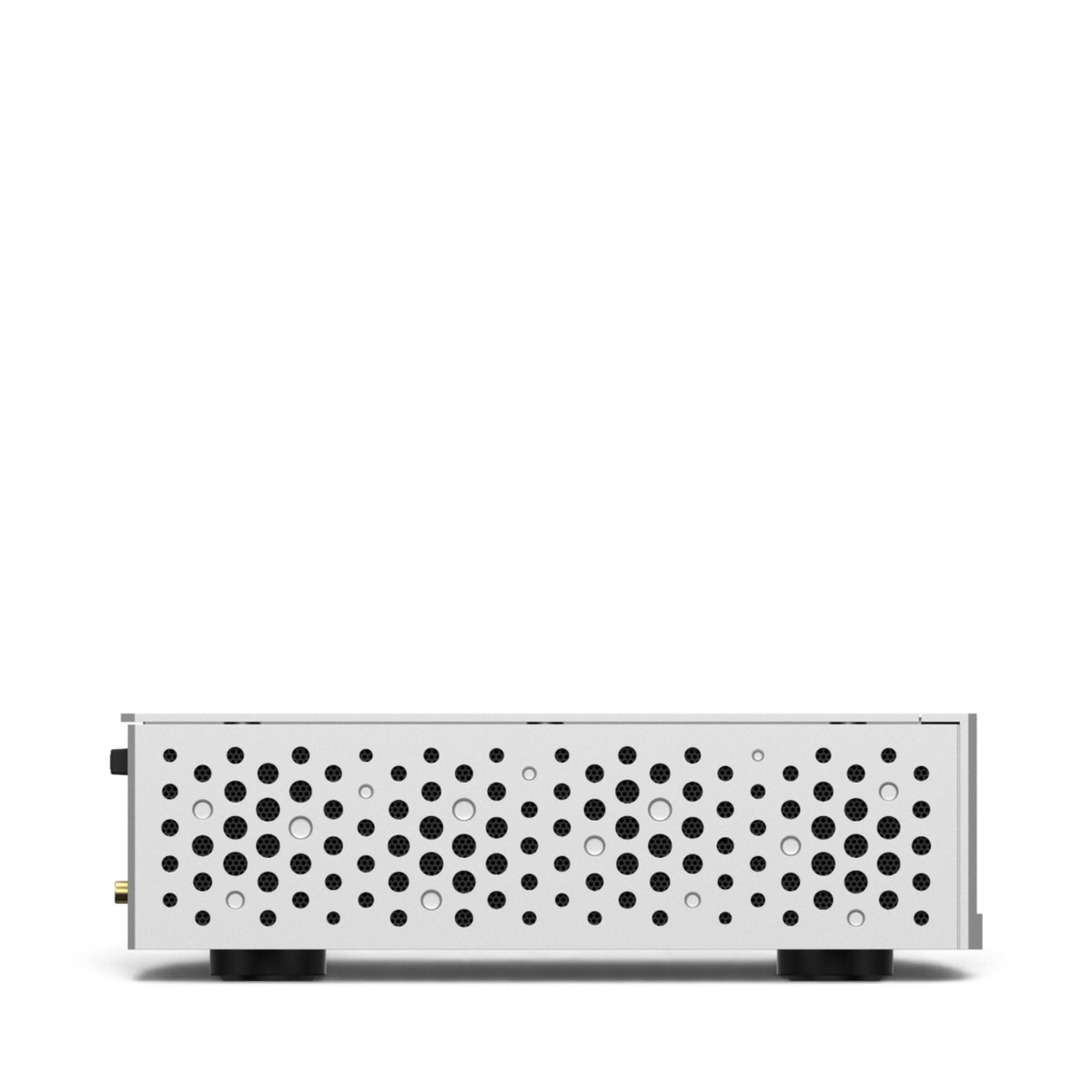 Matrix Audio MS-1c in Silber, linke Seitenansicht mit kreisförmigen Lüftungsöffnungen.
