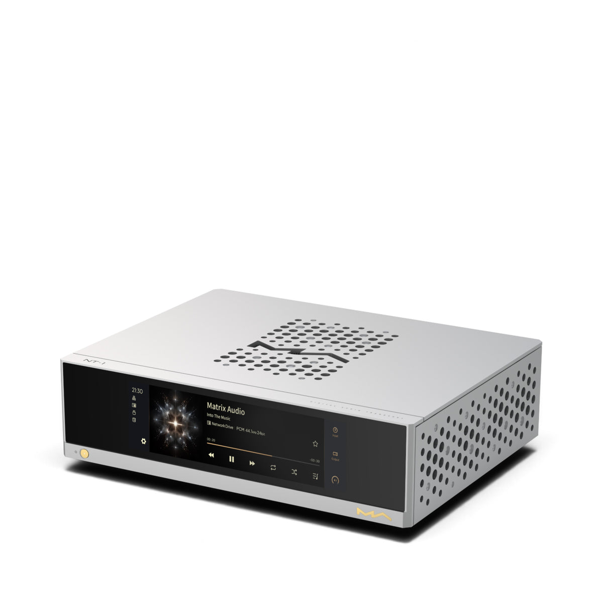 Matrix Audio NT-1 in Silber, schräge Frontansicht mit Display und gelochtem Gehäusedeckel.