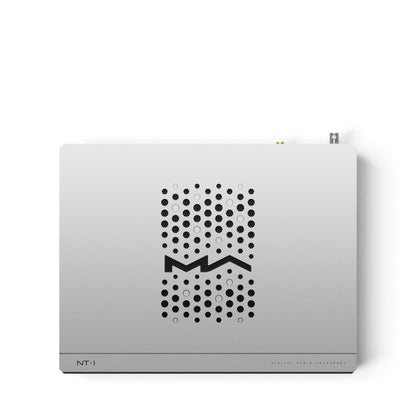 Matrix Audio NT-1 in Silber, Draufsicht mit Lüftungsmuster und Matrix-Audio-Logo im Gehäusedeckel.