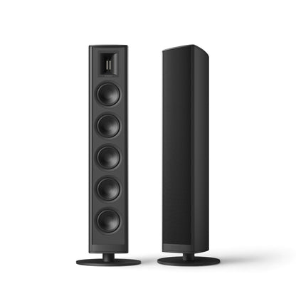 Piega Premium 801 Gen2 Standlautsprecher in Schwarz, mit und ohne Abdeckung auf runden Standfüßen