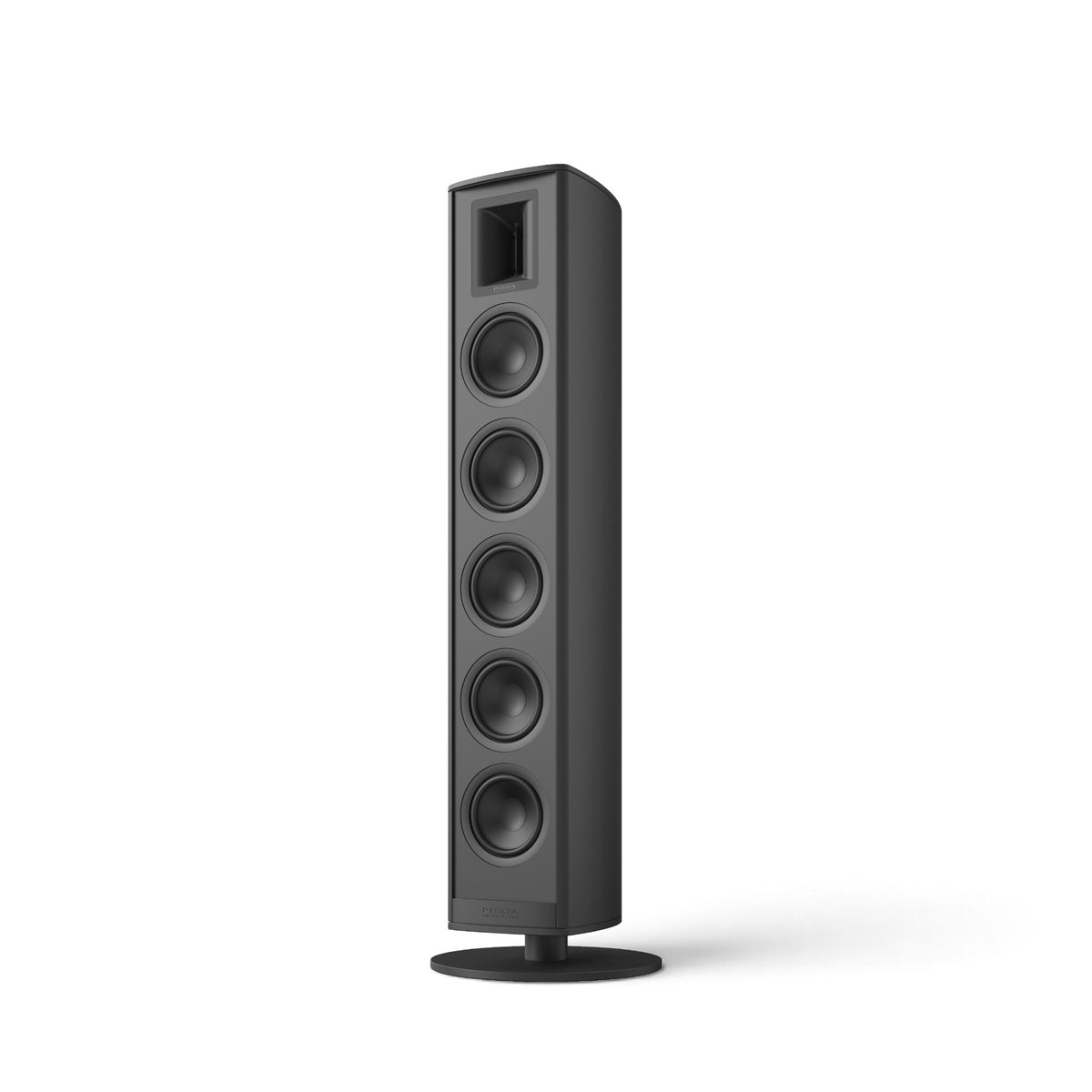 Piega Premium 801 Gen2 in Schwarz, von schräg vorn ohne Abdeckung auf rundem Standfuß